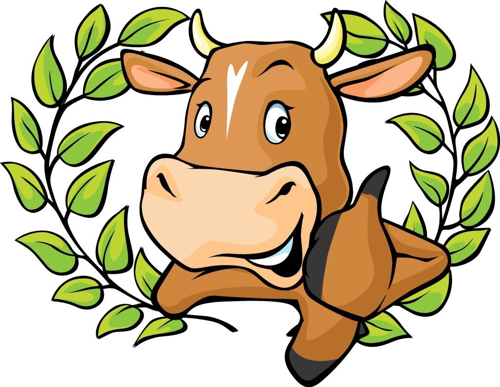 Cute cartoon cow logo with leafy wreath on white background