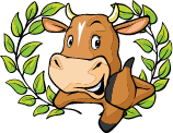 Brown cow cartoon icon with leaf wreath on black background
