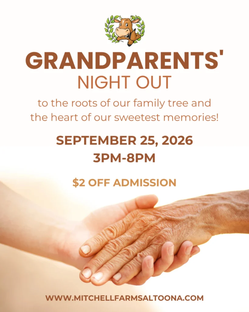 Grandparents’ Night Out family event poster with hands, date, time, and admission discount.