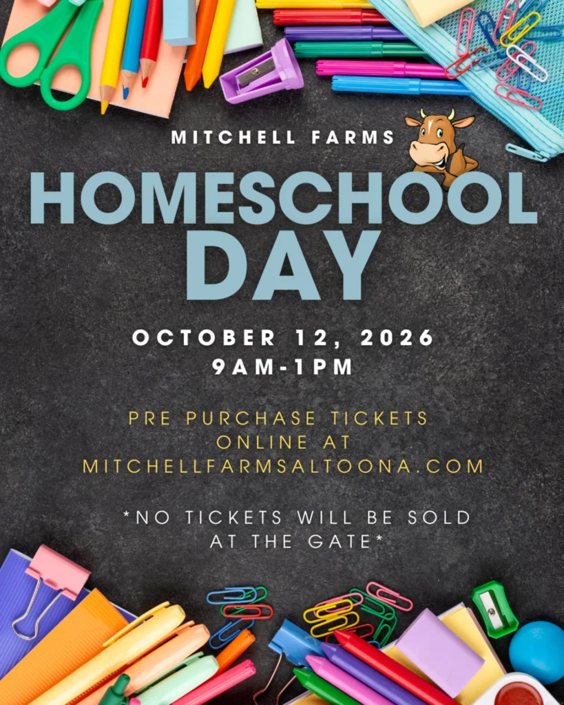 Mitchell Farms Homeschool Day poster with event details, date, time, and ticket information.