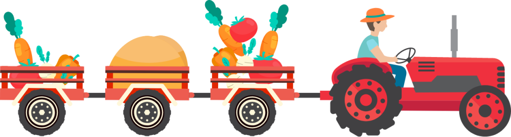 Cartoon red tractor hauling two farm trailers with hay and colorful produce.