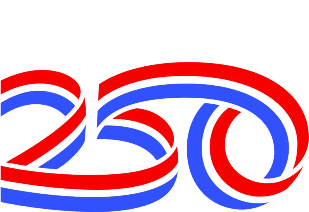 Abstract red, white, and blue ribbon logo with looping patriotic stripes.