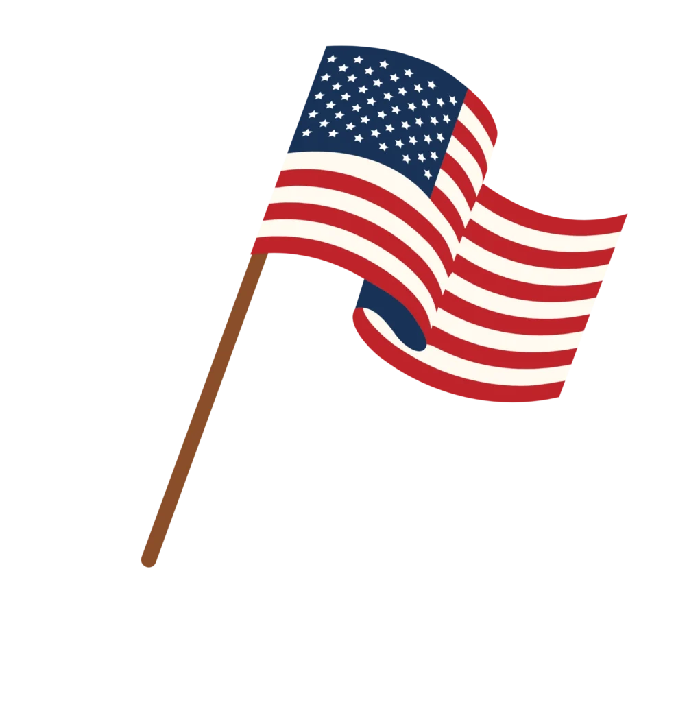 Stylized American flag icon on a wooden pole against a black background.
