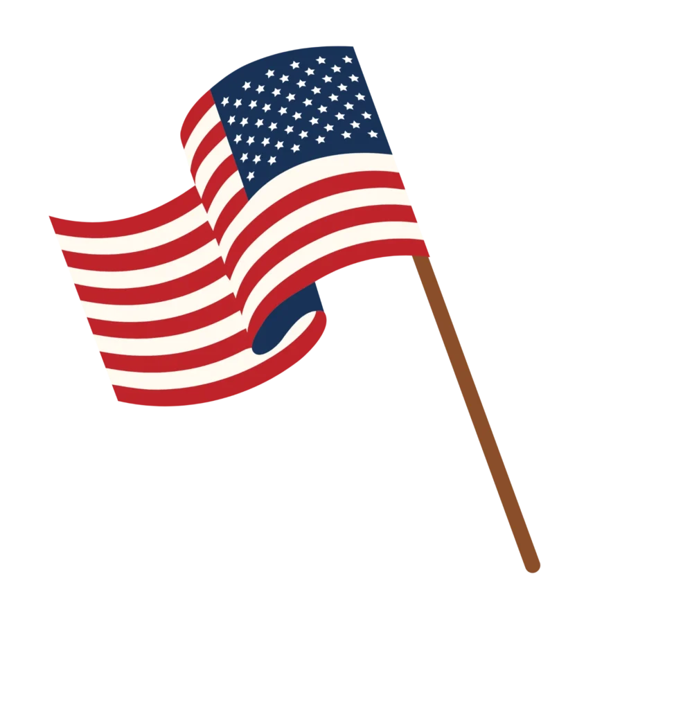 Waving American flag on black background, patriotic red, white, and blue symbol.